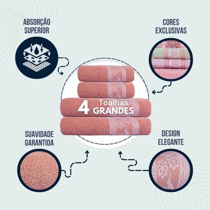 Imagem de 4 Peças Toalhas Grandes Rosto E Banho 100% Algodão Macias
