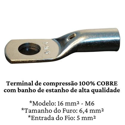 Imagem de 4 Ponteiras Compressão Tubular 16mm M6 Terminal Olhal Barramento Elétrico Eletrolítico Chaves Disjuntores Bateria Cobre