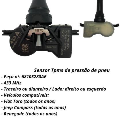 Imagem de 4 Sensores de pressão de pneu tpms 68105280AE ou 68313387AB mesma peça Chrysler 433 MHz Fiat Toro Jeep Compass Renegade