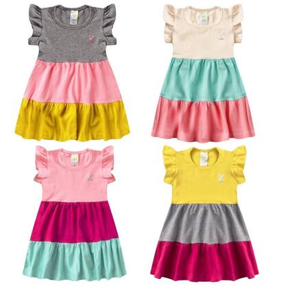 Imagem de 4 Vestido Rodado Menina 3 Marias Primavera Verão Roupa criança Feminino Infantil Juvenil em Algodão + Cotton Franzido Babado coloridos diversas cores