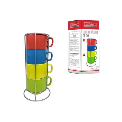 Imagem de 4 Xícaras para chá de porcelana 200ml coloridas com Suporte JGCH-014 Hauskraft