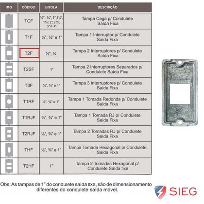 Imagem de 40 Tampa Condulete Fixo 2 Interruptor Tecla 1 Pol Sieg