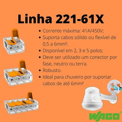 Imagem de 40un Conector Wago 221-612 2 vias 41A/450V Emenda Derivação Ideal para Chuveiro Original