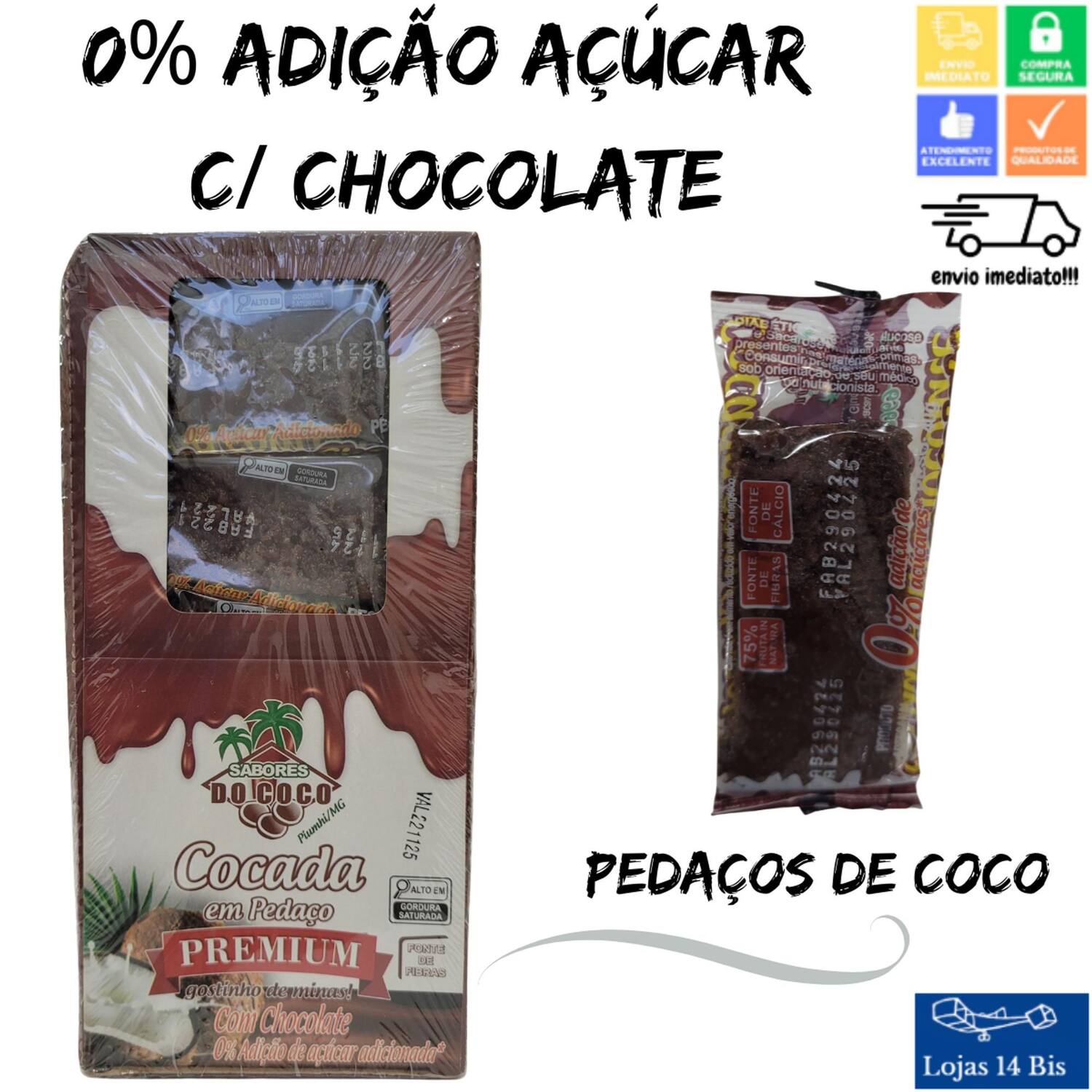 Imagem de 45 Cocada Artesanal Premium Com Chocolate 0% de Adição de Açúcar 15x40g