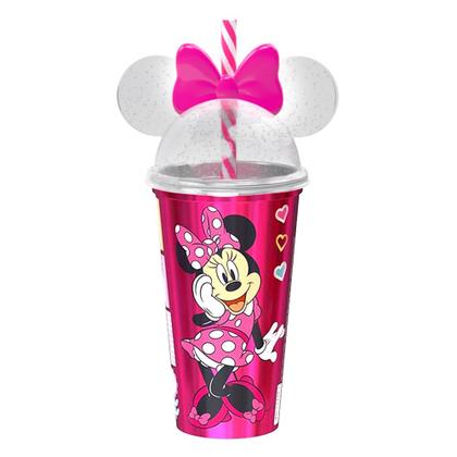 Imagem de 5 Copos Minnie Rosa com Orelhas e Canudo 500ml Infantil Plasútil para Aniversário