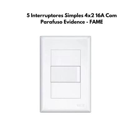 Imagem de 5 Interruptores Simples 4x2 16A Com Parafuso Evidence - FAME