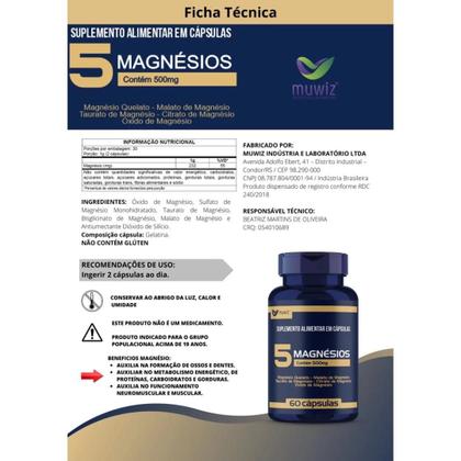 Imagem de 5 Magnesio 180 cápsulas 500mg kit 3 frascos de 60 cápsulas Muwiz