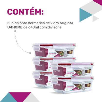 Imagem de 5 Potes Vidro Retangular Marmita Com Divisória 640ml Vedação