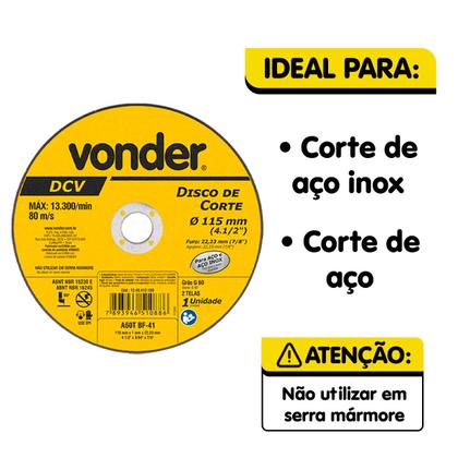 Imagem de 5 Unidades de Disco de Corte 115 mm x 1,0 mm x 22,23 mm, DCN 954 Grão G46 Vonder