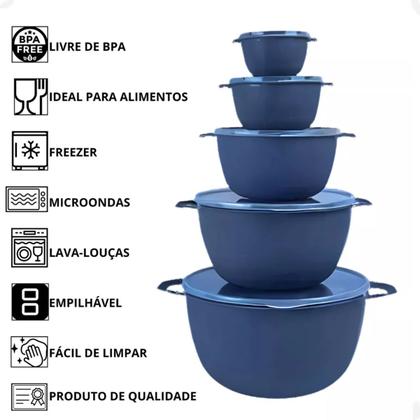 Imagem de 5 Vasilhas Bowl Plástica Pote Alimento Tampa BPA free Azul