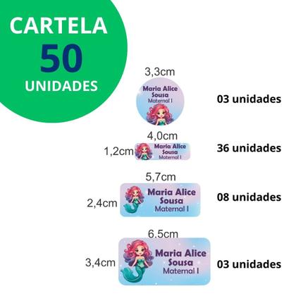 Imagem de 50 Etiquetas Escolares Personalizado Vinil Sereia
