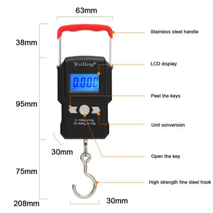 Imagem de 50Kg/10g LCD Digital Display Backlight Portátil Hanging Hook Escala dupla precisão Pesca Viagem Mini Balança de Pesagem Eletrônica Escalas de cozinha