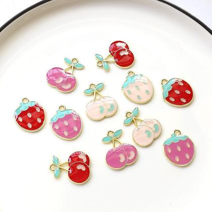 Imagem de 50pcs/lote Color Drop Oil Cartoon Morango Cherry Shape Liga Flutuante Locket Charms Diy Jewely Brinco/vestuário Acessório