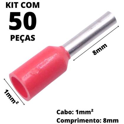 Imagem de 50un Terminal Tubular Ilhós Pré-isolado Simples Para Cabo de 1,0mm² Metal 8mm Vermelho E1008