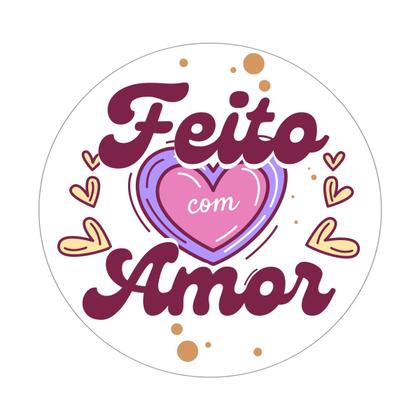 Imagem de 54 Adesivos Vinil p/ Embalagens Frase Feito com Amor 3 cm