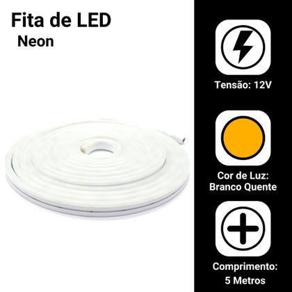 Imagem de 5m Mangueira Led Neon Corte 2,5cm Flex 12v Branco Quente + Fonte Bivolt