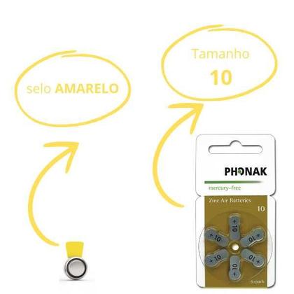 Imagem de 6 Baterias Pilhas para Aparelho Auditivo Phonak tamanho 10 SELO AMARELO