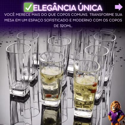 Imagem de 6 Copos Quadrados Vidro 320ml Jogo Sofisticado Kit Resistente Design Conjunto Moderno Elegante Festa