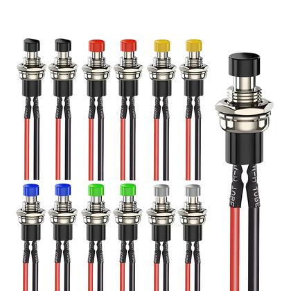 Imagem de 6 Peças Interruptor De Botão Momentâneo Mini SPST 1A 250V AC Com 2 Pinos, 6 Cores, Fios Pré-soldados