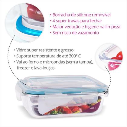 6 Potes Vidro 640ml Marmita Fitness Tampa Hermética 4 Travas - Quality House Imagem de 6 Potes Vidro 640ml Marmita Fitness Tampa Hermética 4 Travas