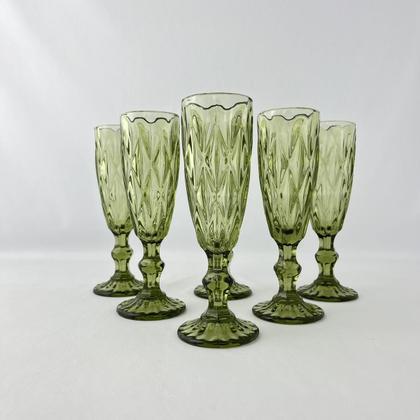 Imagem de 6 Taças Flute Diamante Verde Esmeralda Champanhe Vidro 140ml