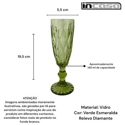 Imagem de 6 Taças Flute Diamante Verde Esmeralda Champanhe Vidro 140ml