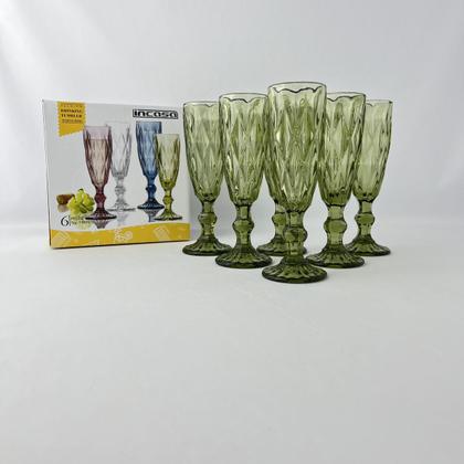 Imagem de 6 Taças Flute Diamante Verde Esmeralda Champanhe Vidro 140ml