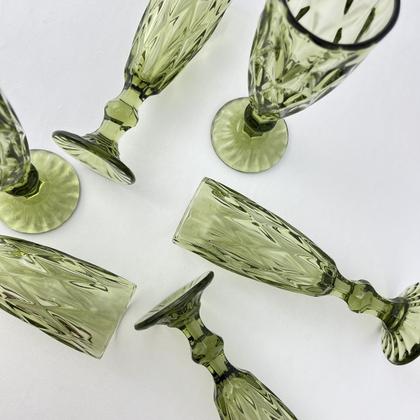 Imagem de 6 Taças Flute Diamante Verde Esmeralda Champanhe Vidro 140ml