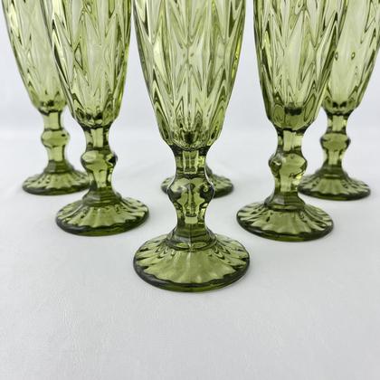 Imagem de 6 Taças Flute Diamante Verde Esmeralda Champanhe Vidro 140ml