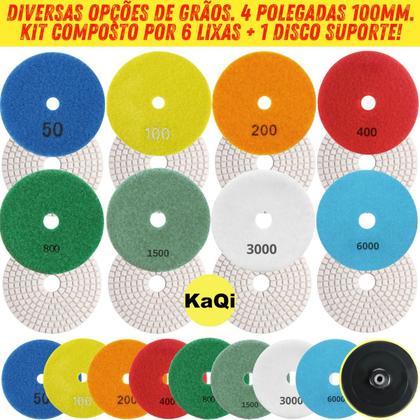 Imagem de 6 X Lixas 4 Pol. 100mm Diamantada + 1 Disco Prato Suporte Grão Polir Lixadeira Granito Mármore KaQi