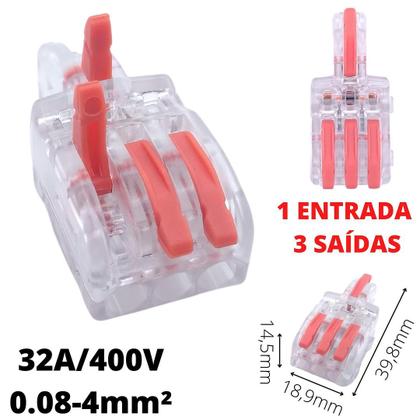 Imagem de 60un Conector Elétrico Emenda Derivação Para Iluminação 4 vias 1 entrada 3 saídas 4mm² 32A/400V Laranja