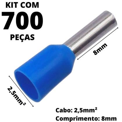 Imagem de 700un Terminal Tubular Ilhós Pré-isolado Simples Para Cabo de 2,5mm² Metal 8mm Azul E2508