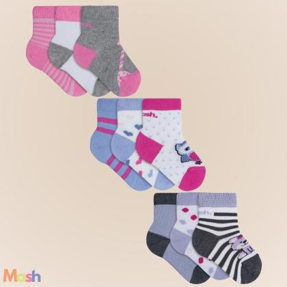 Imagem de 9 Pares de Meias Estampada Infantil Mash em Algodão Cano Médio Baby do 0 a 21 Menina e Menino