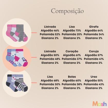 Imagem de 9 Pares de Meias Estampada Infantil Mash em Algodão Cano Médio Baby do 0 a 21 Menina e Menino