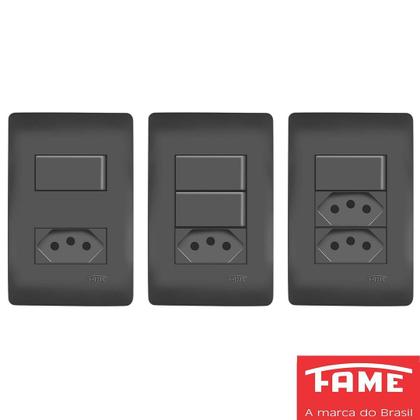 Imagem de 9un Interruptor Simples 10A e Tomada 2P+T 10A Com Placa Habitat Black FAME