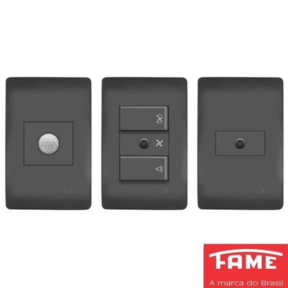 Imagem de 9un Interruptor Simples 10A e Tomada Padrão Dupla 2P+T 10A Com Placa Habitat Black FAME