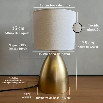 Imagem de Abajur Clássico Cone Dourado Com Cúpula Tecido Algodão Bege