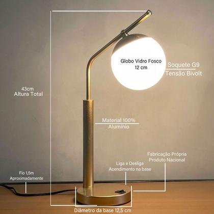 Imagem de Abajur De Mesa Inclinado Jabuticaba Com Globo Vidro 12cm com Lâmpada Branco frio Para Sala, quarto, cama e cabeceira