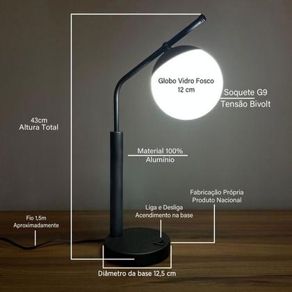 Imagem de Abajur De Mesa Inclinado Jabuticaba Com Globo Vidro 12cm com Lâmpada Branco frio Para Sala, quarto, cama e cabeceira