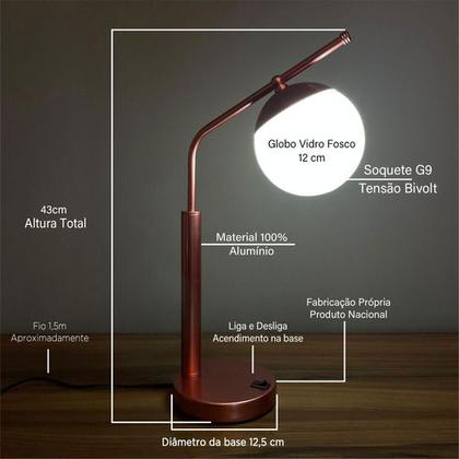 Imagem de Abajur De Mesa Inclinado Jabuticaba Com Globo Vidro 12cm com Lâmpada Branco frio Para Sala, quarto, cama e cabeceira