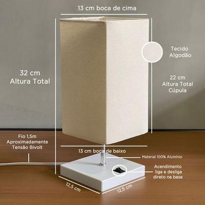 Imagem de Abajur de Mesa Quadrado Escovado Liga/Desliga na base bivolt + Cupula Tecido algodão E27