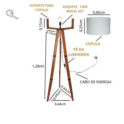 Imagem de Abajur Luminária Chão Tripé Madeira Maciça Eucalipto Cor Palha ou Cinza Chumbo Design Contemporâneo