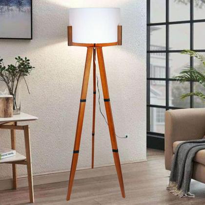 Imagem de Abajur Luminária Chão Tripé Madeira Maciça Eucalipto Cor Palha ou Cinza Chumbo Design Contemporâneo
