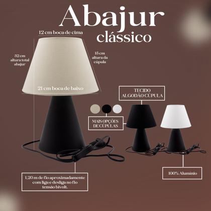 Imagem de Abajur Luminária Cone de Mesa Base Preta + Cúpula Algodão Bege