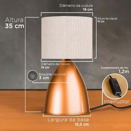 Imagem de Abajur Luminária De Mesa Clássico Bojudo Cobre Com Cúpula Para Decoração Casa e sala, Quarto e Cabeceira De Cama, Escritório leitura e Estudar