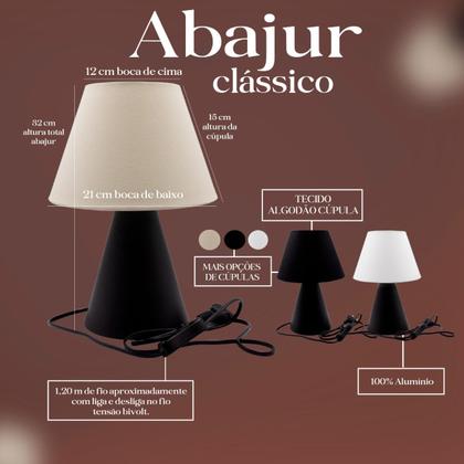 Imagem de Abajur luminária de mesa Clássico Cone Preto de Alumínio bivolt Com Cúpula Para Casa Sala Escritório e Quarto e cabeceira Cama