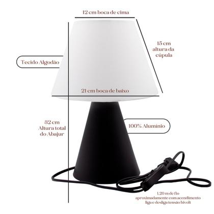 Imagem de Abajur luminária de mesa Clássico Cone Preto de Alumínio bivolt Com Cúpula Para Casa Sala Escritório e Quarto e cabeceira Cama