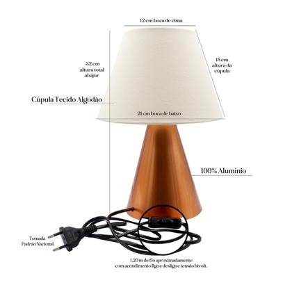 Imagem de Abajur luminária de Mesa Clássico Cor Cobre Alumínio Com Cúpula Para Casa e Sala, Quarto ou Escritório, Cabeceira Cama