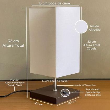 Imagem de Abajur luminária de Mesa Clássico Quadrado Com Interruptor e Cúpula Decoração Casa e Sala, Quarto e Cabeceira Cama, Escritório estudar