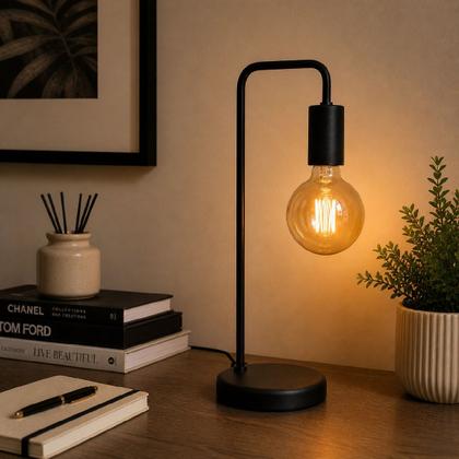 Imagem de Abajur Luminaria De Mesa estilo retrô Preto com 01 haste curva Ideal para lâmpadas filamento LED